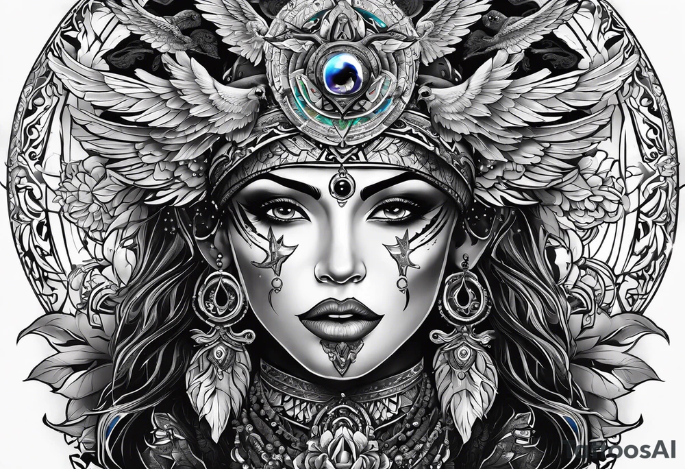black kali, goddess pirate, alien, angel, pachamama, valkrye, warrior, flying, skull, lotus azul, wing, eagle, zenza resonance, stars, 5D, anahata chakra tattoo idea