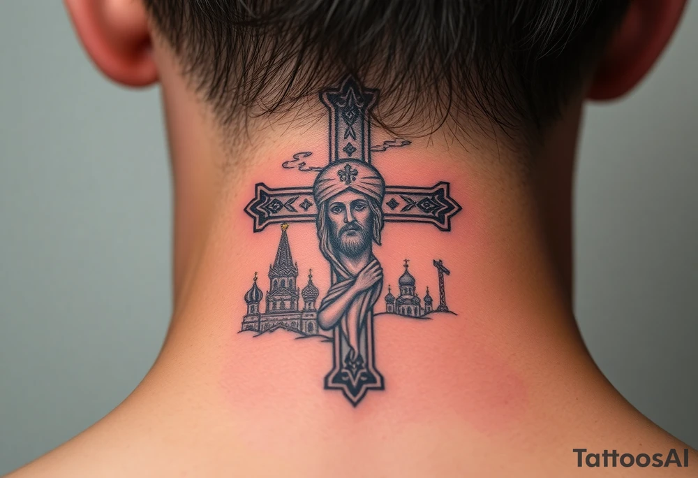 Traditional orthodox ICXC Christian cross with an orthodox portrait Jesus Christ on the cross in a wilderness Russian Kremlin setting tattoo idea