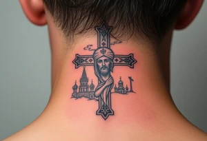 Traditional orthodox ICXC Christian cross with an orthodox portrait Jesus Christ on the cross in a wilderness Russian Kremlin setting tattoo idea