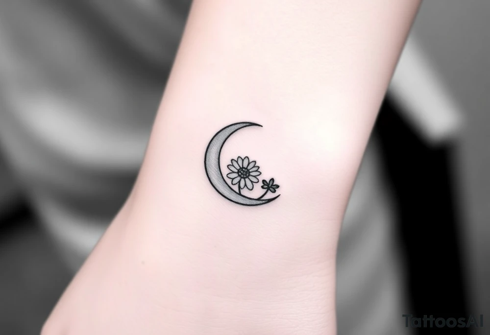 Small black and white tattoo waxing crescent moon with small Daisy birth flower and tiny Leo gliph tattoo idea