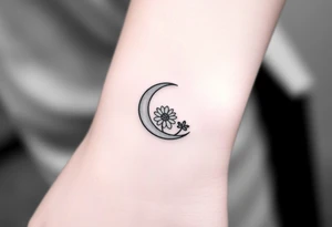 Small black and white tattoo waxing crescent moon with small Daisy birth flower and tiny Leo gliph tattoo idea