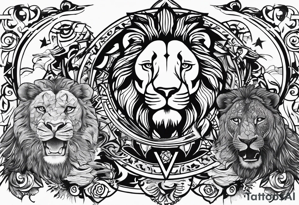 One roaring lion, next to it a roaring lioness, below them 3 roaring lion cubs and around a Star of David tattoo idea