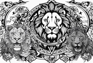 One roaring lion, next to it a roaring lioness, below them 3 roaring lion cubs and around a Star of David tattoo idea