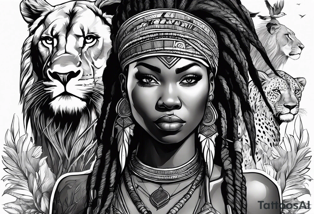 African woman warrior holding a spear with a mean look on her face with birds in the background and lion tattoo idea