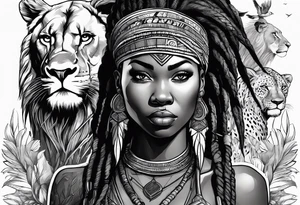 African woman warrior holding a spear with a mean look on her face with birds in the background and lion tattoo idea