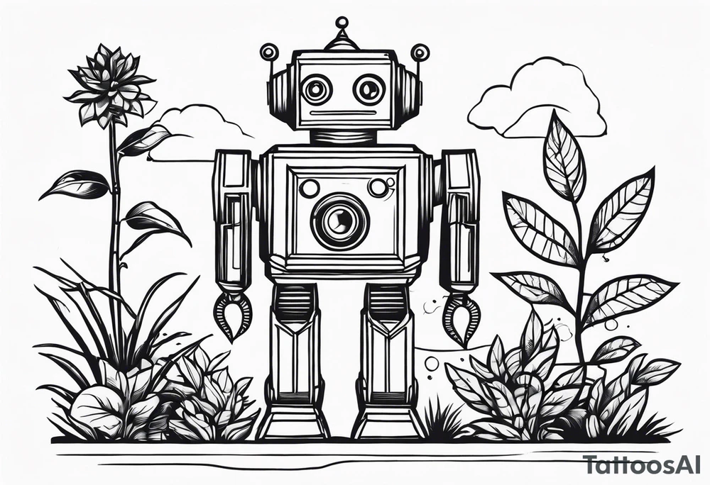 vintage robot plant tattoo idea