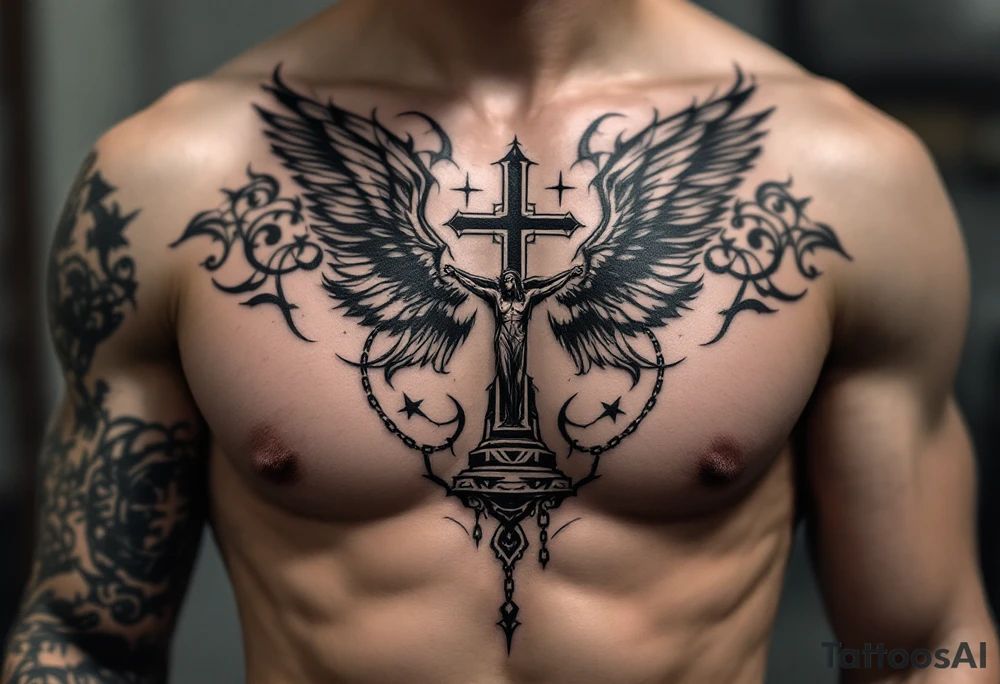 Angel hold headstone in hands with a cross chain hanging down with large wings tattoo idea