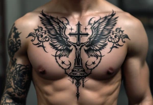 Angel hold headstone in hands with a cross chain hanging down with large wings tattoo idea