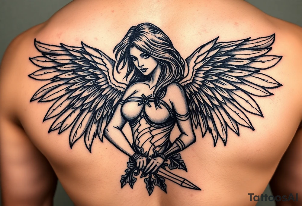 Female Angel warrior with dark shading tattoo idea