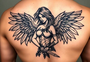 Female Angel warrior with dark shading tattoo idea