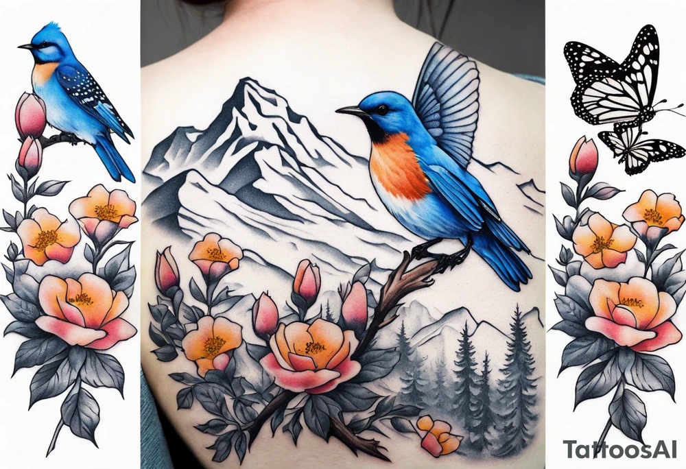 Rocky mountains with mountain blue birds and monarch butterflies with wild prairie roses  for a half sleeve tattoo idea