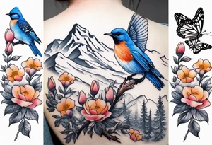 Rocky mountains with mountain blue birds and monarch butterflies with wild prairie roses  for a half sleeve tattoo idea