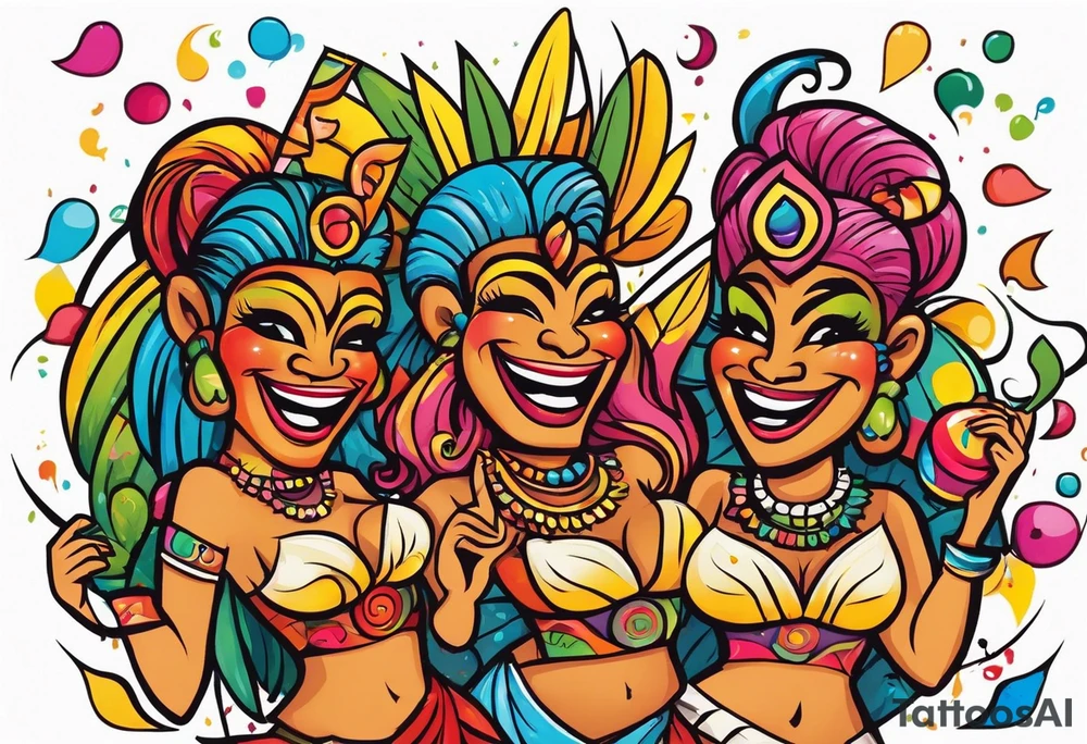 tiki party with dancing tiki guys and sexy tiki girls with music notes and confetti tattoo idea
