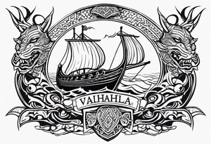 Valhalla sword shield viking ship dragon head tattoo idea