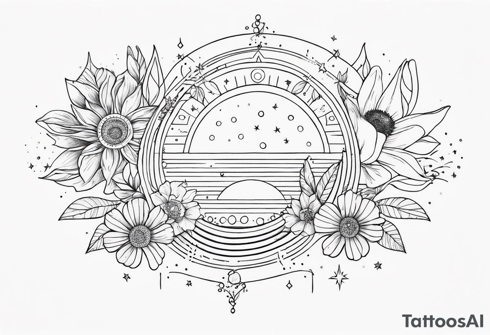 fine line with sun, stars, floral, dots. Sternum tattoo tattoo idea