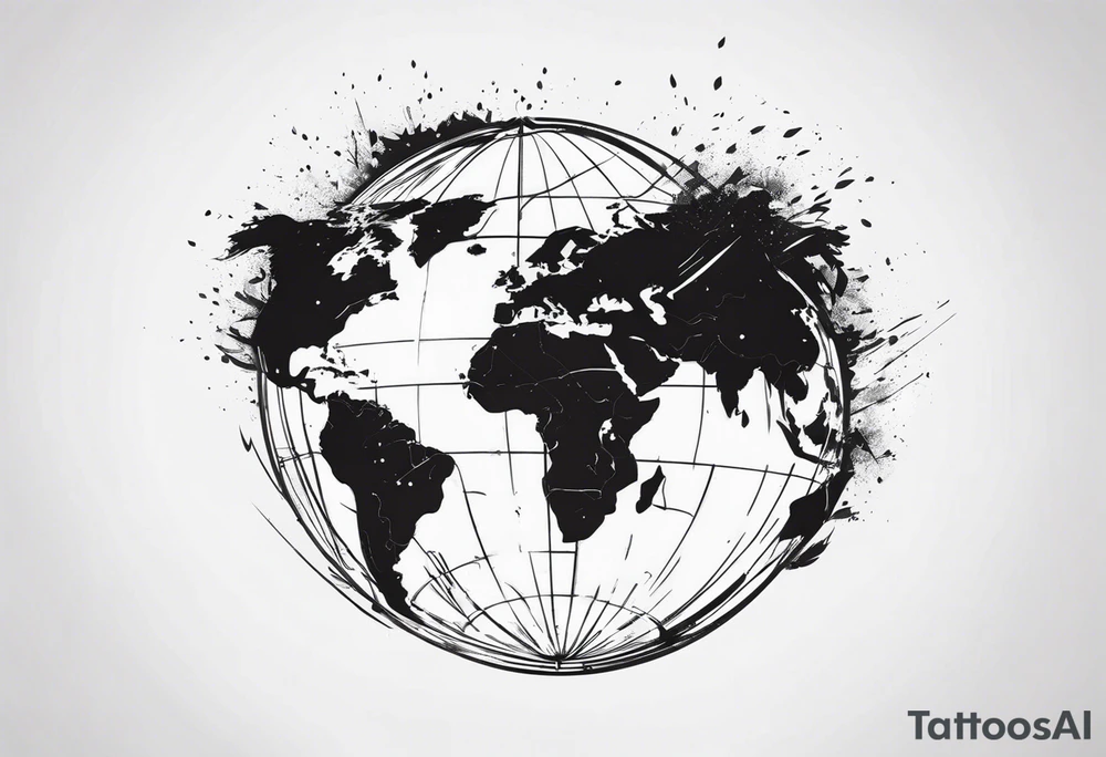 sphere exploding with world map tattoo idea
