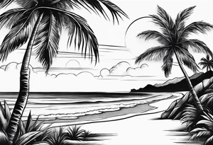 beach landscape on upper arm with palm trees tattoo idea