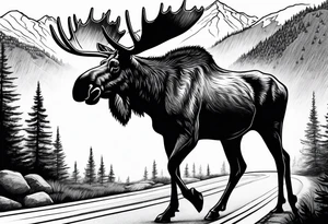 moose on road which goes between the forest. mountain background tattoo idea