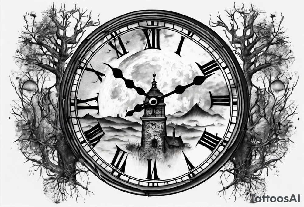 A moon with a face of a old stile clock outdoors tattoo idea