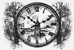 A moon with a face of a old stile clock outdoors tattoo idea