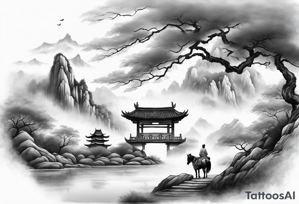 forearm sleeve traditional chinese art painting style autumn mountains mist fog water Chinese temple female with pony tail wearing robes meditating in the distance tattoo idea