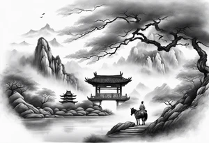 forearm sleeve traditional chinese art painting style autumn mountains mist fog water Chinese temple female with pony tail wearing robes meditating in the distance tattoo idea