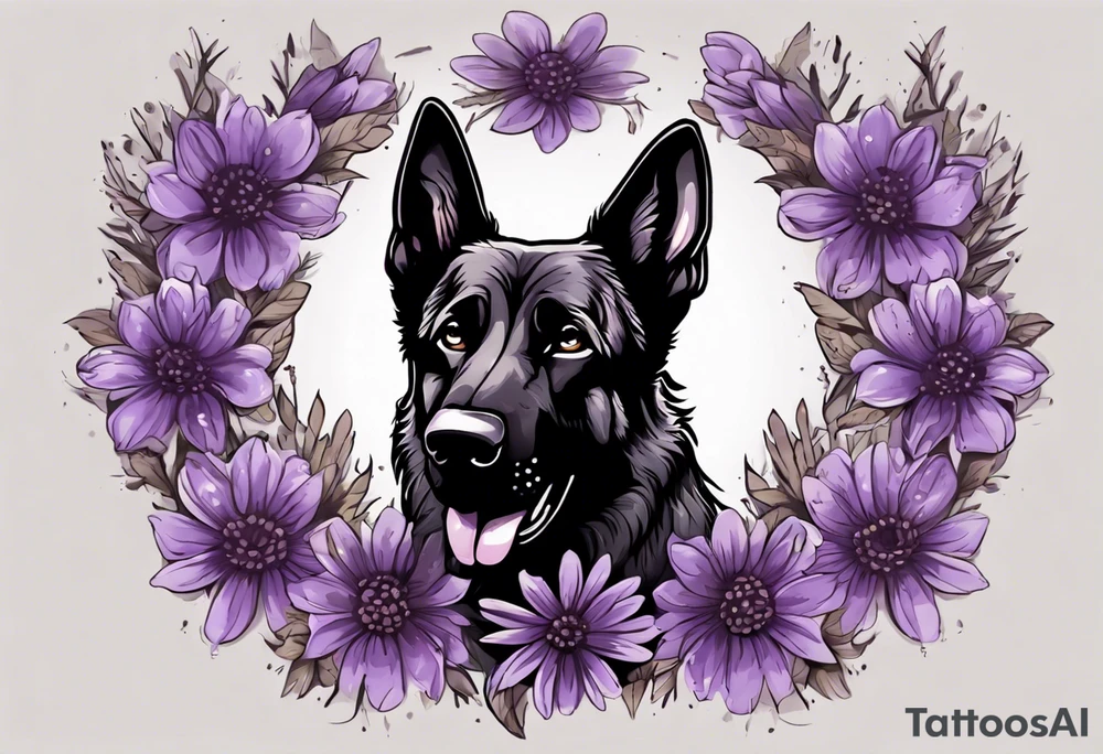 Dark Brown female German shepherd portrait surrounded by purple daisies tattoo idea
