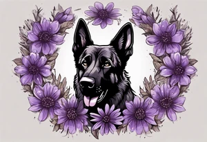 Dark Brown female German shepherd portrait surrounded by purple daisies tattoo idea