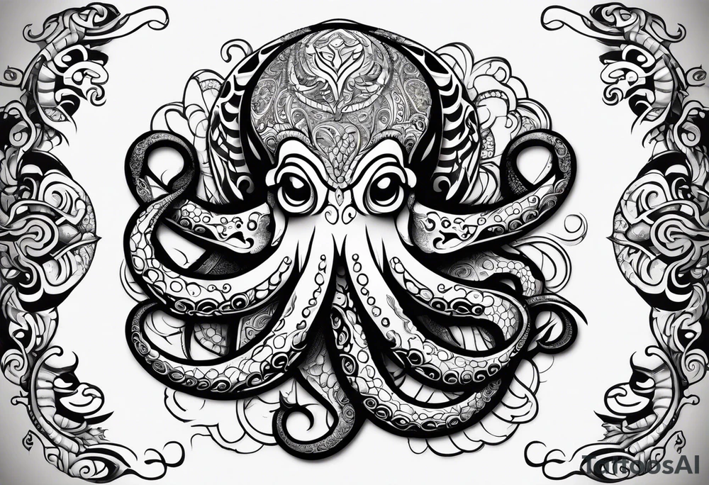 Tribal half sleeve octopus with fish and water waves around it and a sea turtle inside the octopus head tattoo idea