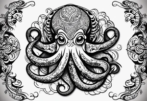 Tribal half sleeve octopus with fish and water waves around it and a sea turtle inside the octopus head tattoo idea