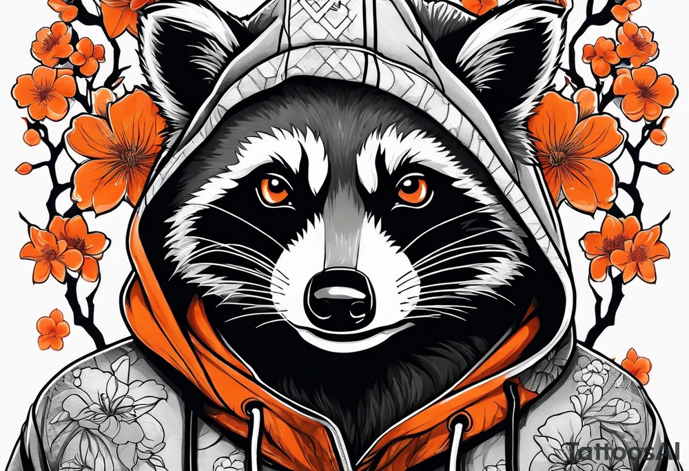 Raccoon wearing a white Superman logo on a black hoodie and orange Japanese cherry blossoms beside tattoo idea