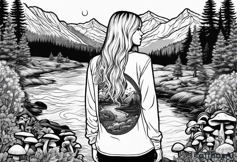 Whole picture encircled fully

Straight long blonde hair hippie girl in distance holding mushrooms in hand facing away toward mountains and creek surrounded by mushrooms long sleeve shirt and hiking pants; whole rendering within a full circle, no cut off circle tattoo idea