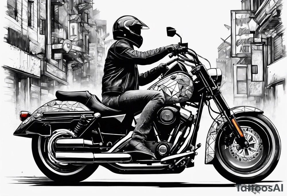 motorcycle with guns riding at night in the city tattoo idea