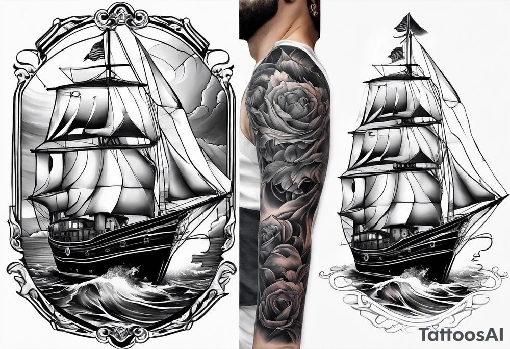 ghost marine lighthouse behind the bow of a sailboat. tattoo idea