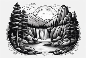 waterfall going into a river with a camp site in Australia tattoo idea