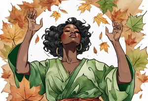 a black woman standing in a pile of fallen leaves, wearing a green tunic, a tree from the waist-down, her arms raised towards the sun, tattoo idea