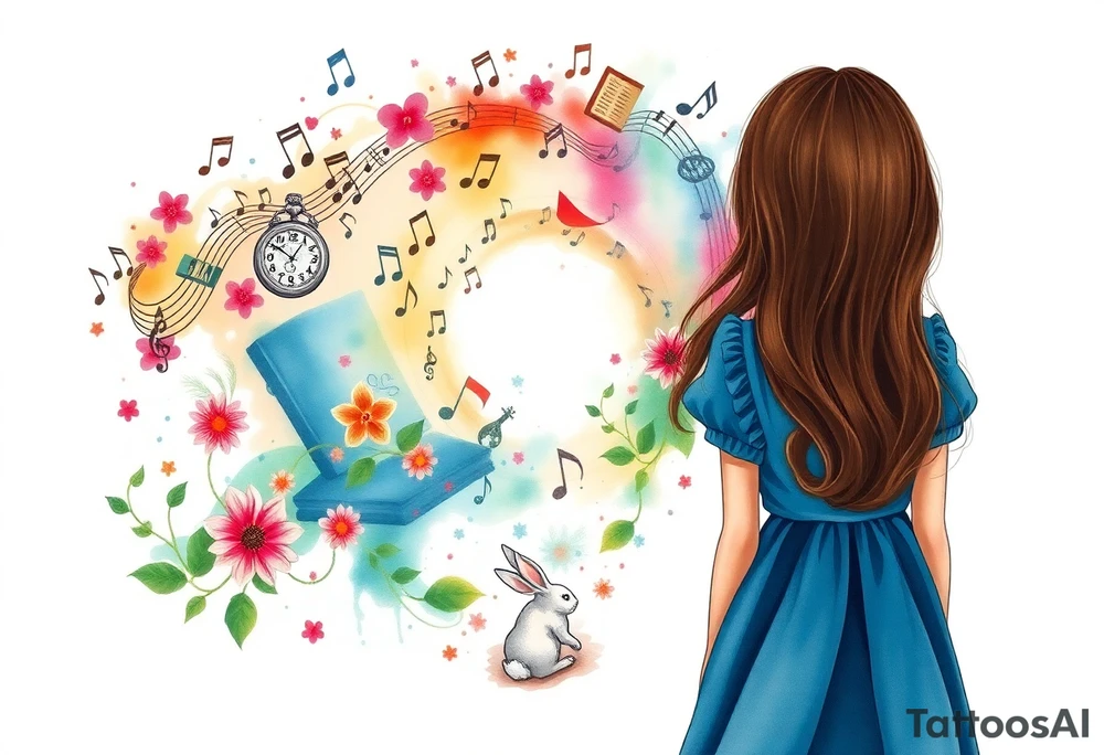 Back view of the silhouette of a brown hair girl in a blue dress. She is following a small white rabbit towards a magical colorful swirl of music notes, books, and flowers. A pocket watch is at the end of the swirl. tattoo idea