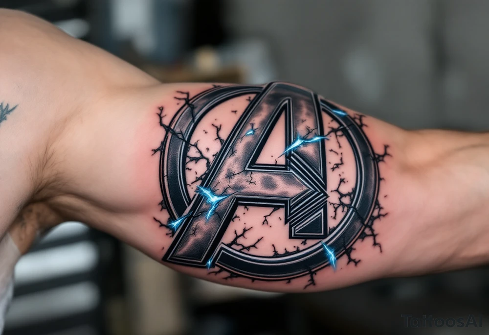 An Avengers logo with Thor’s hammer breaking through it, sending cracks along the symbol, in a black-and-grey base with glowing blue highlights. tattoo idea