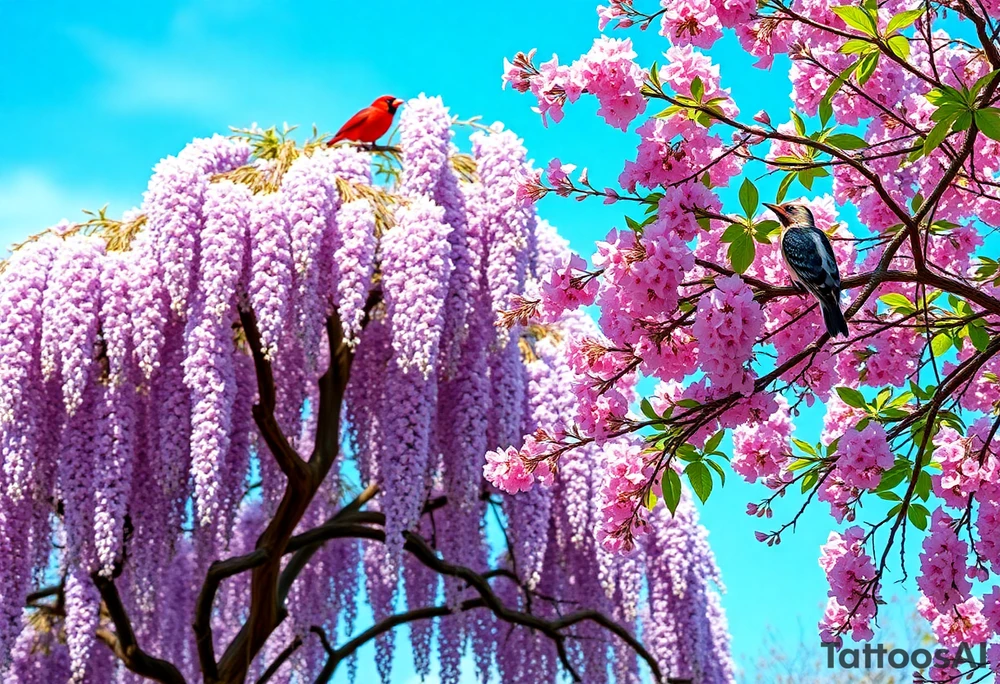 The American wisteria tree drapes its cascading clusters of lavender-hued blossoms over twisted, woody vines, filling the air with a subtle, sweet fragrance as its delicate petals catch the golden sunlight. Nearby, an Eastern redbud stands in striking contrast, its branches bursting with vibrant pink blossoms that appear like tiny, glowing jewels against the deep blue sky, creating a breathtaking springtime spectacle. Perched among these floral canopies, a brilliant red cardinal sings its clear, whistling notes, its fiery plumage standing out boldly against the pastel backdrop, while an indigo bunting flits gracefully from branch to branch, its shimmering blue feathers reflecting the light like a tiny piece of the sky brought to life. A downy woodpecker, with its black-and-white spotted wings and a splash of red on its crown, rhythmically taps against the wisteria’s gnarled branches, adding a soft, percussive beat to the symphony of birdsong that fills the serene, blossoming landscape. tattoo idea