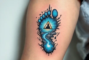 Tiny footprint with the name "Daniel" and 23.1.2019 v 4:45, surrounded by gray and light blue clouds. tattoo idea