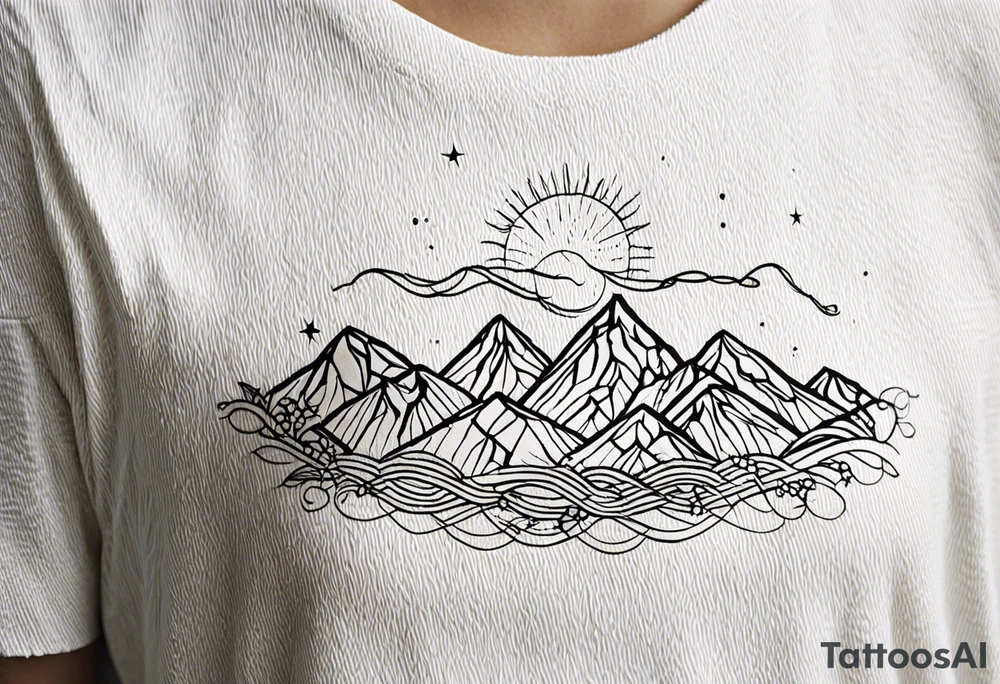 Three Peaks, Three Stars, Swords, and Vines: Create a minimalistic fine line tattoo for the right upper arm half sleeve. Feature three rugged mountain peaks, each topped with a simple star. Emphasize crossed swords, integrating with abstract, feather-like patterns that evoke the Valkyrie spirit. Weave in subtle thorny vines from 'A Court of Thorns and Roses' (ACOTAR), blending naturally with the mountainous backdrop. Keep the design in clean, simple lines, emphasizing the serene and mystical qualities without text. tattoo idea
