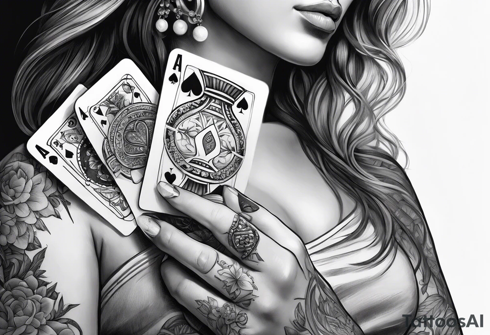 woman one hand holding poker cards tattoo idea