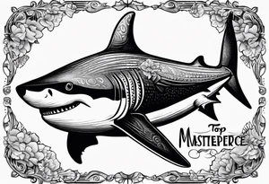 megalodon ni text vertically with the cute shark and the water wrapping around the text tattoo idea