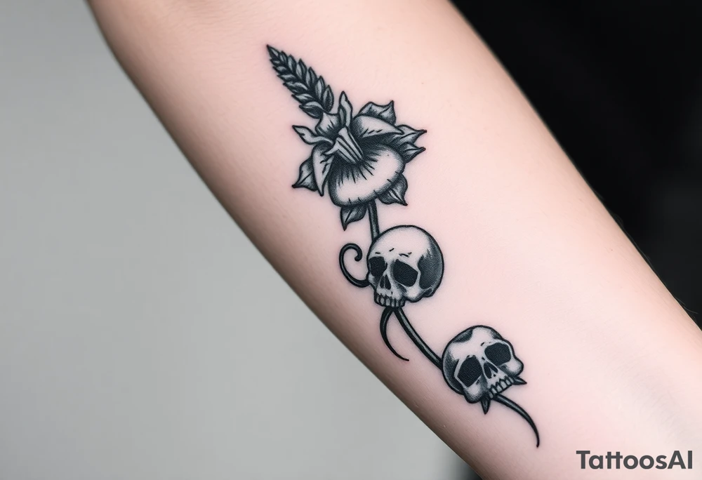 Aconitum flower going up the arm with details gothic style with skulls tribal tattoo idea