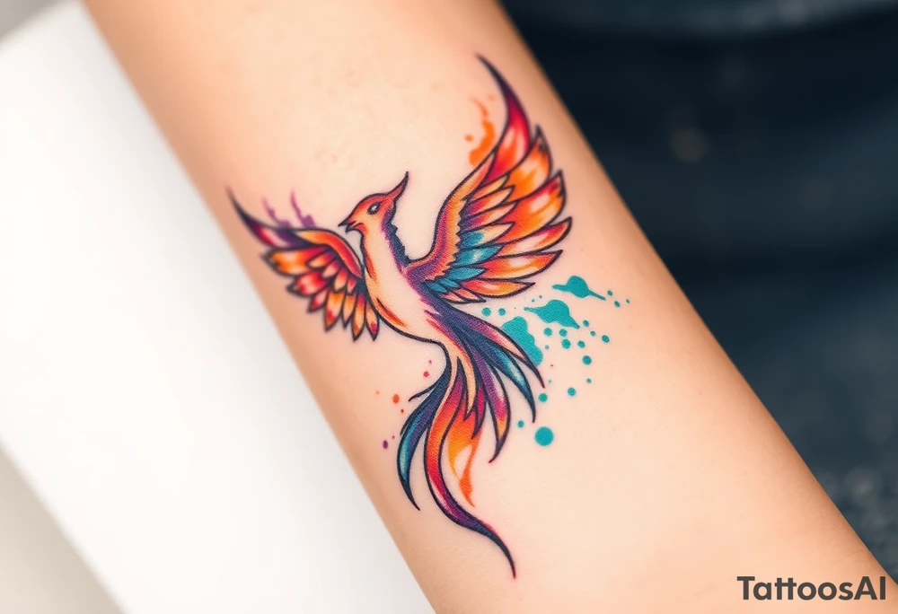 Phoenix in flames with purple, blue, orange, teal and green splashes, looking upwards. Materializing from below, no outline. tattoo idea