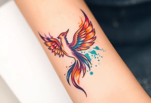 Phoenix in flames with purple, blue, orange, teal and green splashes, looking upwards. Materializing from below, no outline. tattoo idea