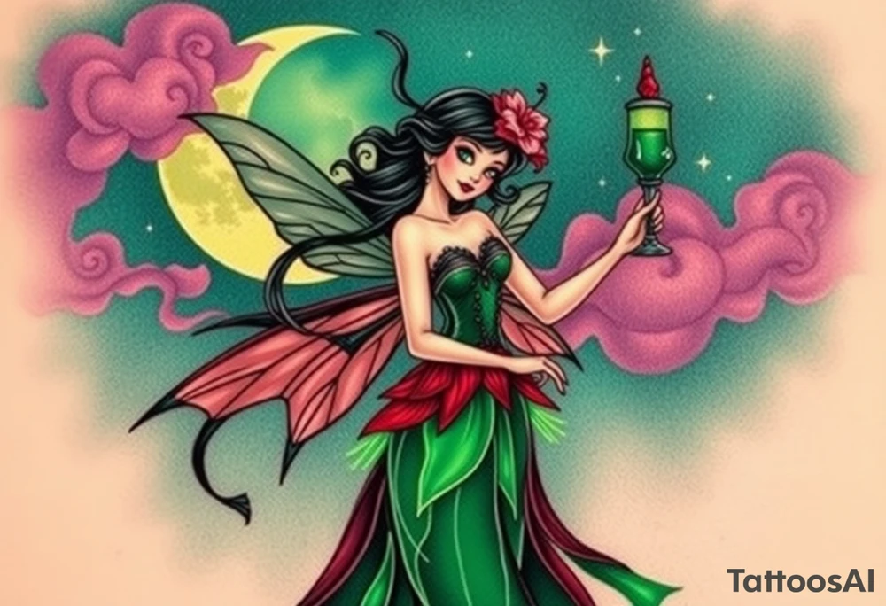 Tim Burton’s pin up style Vintage Parisian elegant and hauntingly beautiful yet eerie full body absinthe Green Fairy dances outside her victorian crystal decatur absinthe bottle Absinthe Art Nouveau   and dripping with muted reds, dusty pinks, and eerie green glow.purple and cyan smokey clouds swirl in the crescent moonlit sky thats sprinkled with stars tattoo idea