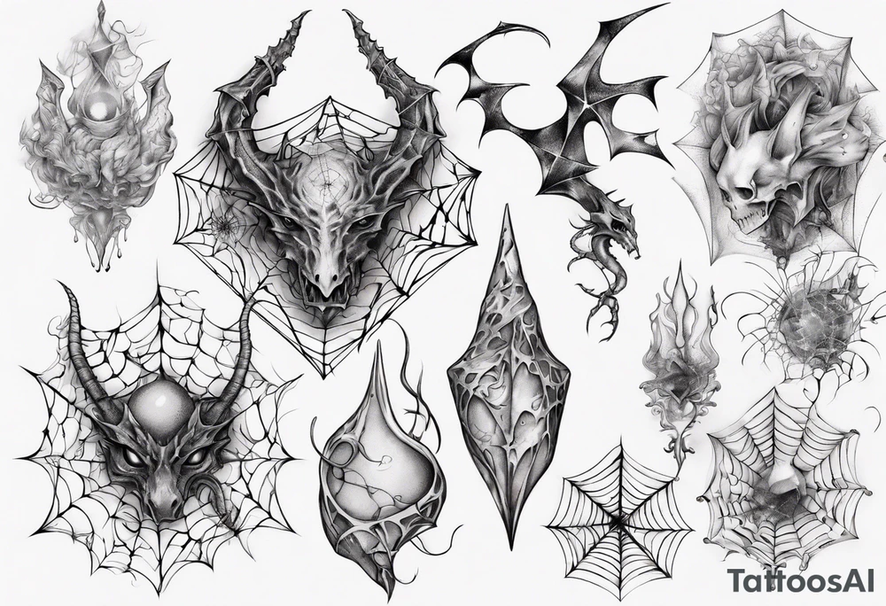 Dragon scales tangled spiderweb unicorn horn shattered chalices spider tattoo idea