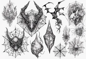 Dragon scales tangled spiderweb unicorn horn shattered chalices spider tattoo idea