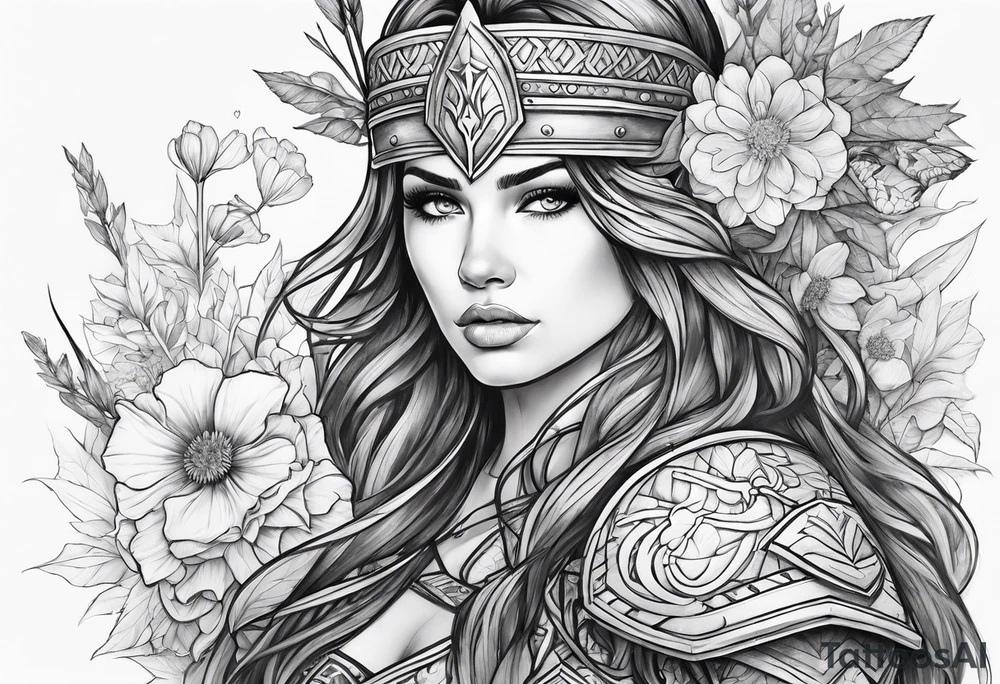 Warrior princess Valkarie and wildflowers half sleeve tattoo idea